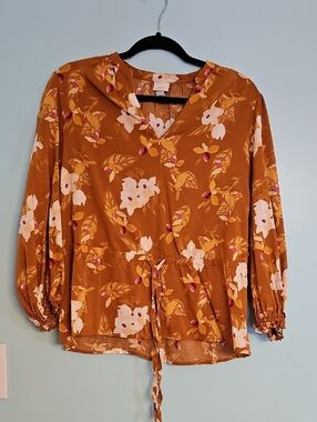 a new day Mustard Floral Tie-Front Blouse